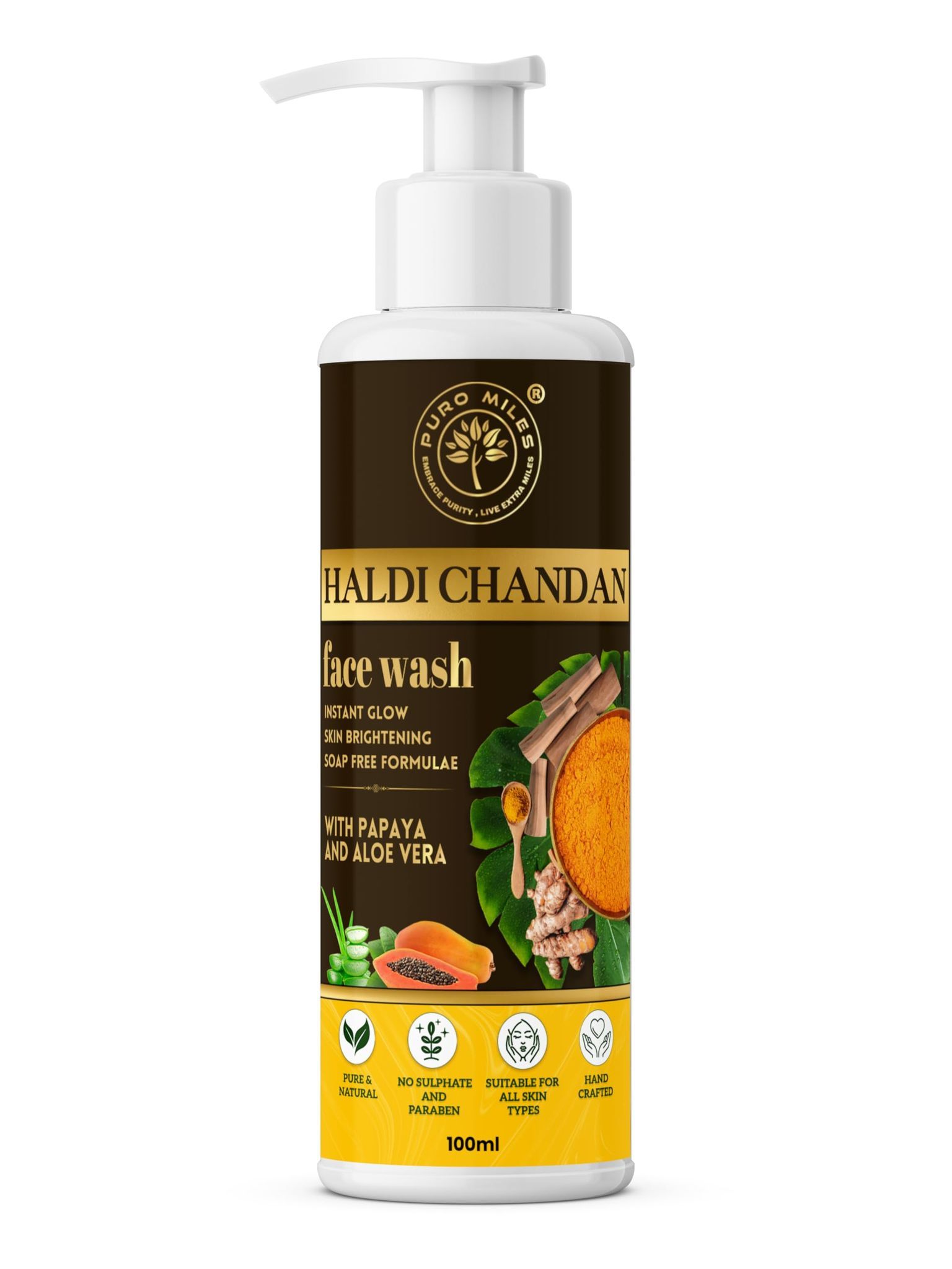 Puromiles Face Wash with Haldi & Chandan/Skin Brightening/Anti-Tan/Natural Ubtan with Turmeric,Sandalwood, Papaya and Aloevera extracts