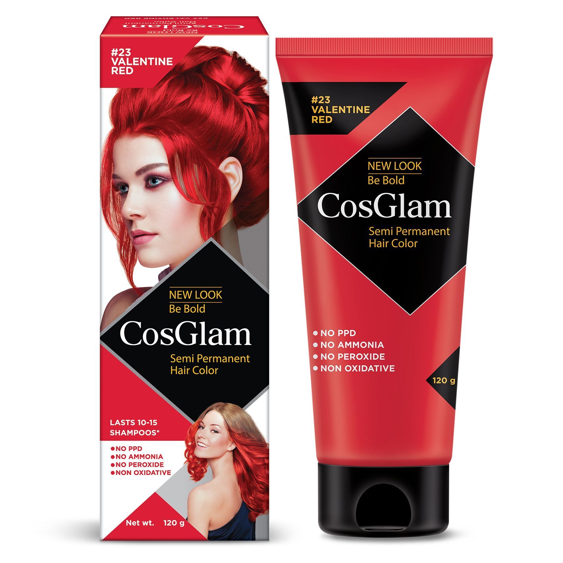 COSGLAM Semi Permanent Hair Color, No Peroxide, Non Oxidative, Ammonia Free Hair Colour 23 Valentine Red - 120gm