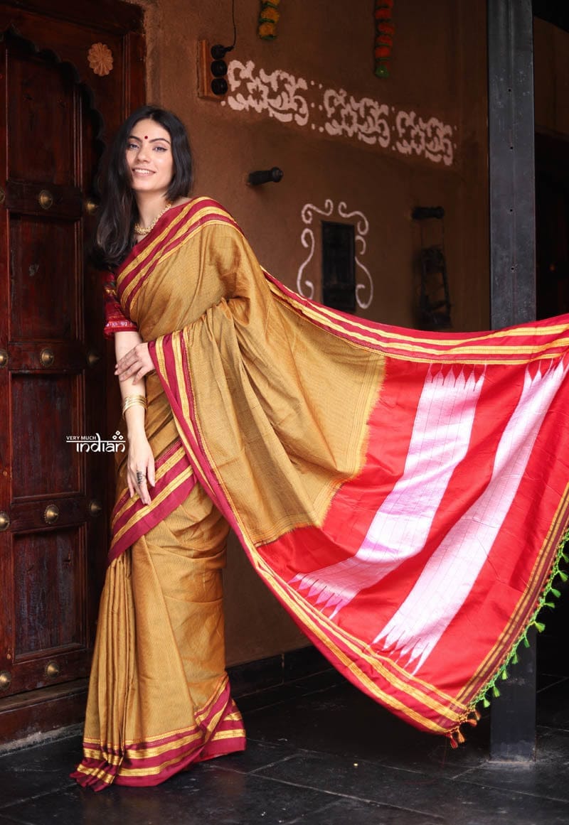 Handloom Cotton Viscose Ilkal Saree with Pure Resham Pallu Micro Checks Mustard Yellow with Red Border