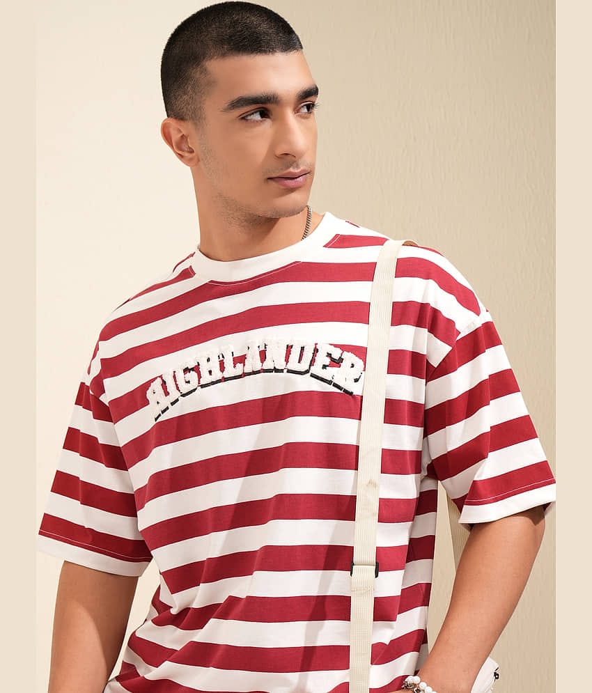 Highlander Men Cotton Blend Oversized Fit Striped T-Shirt ( Off White )