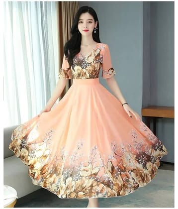 Raabta Fashion Women Georgette Printed Fit & Flare Dress ( Peach )