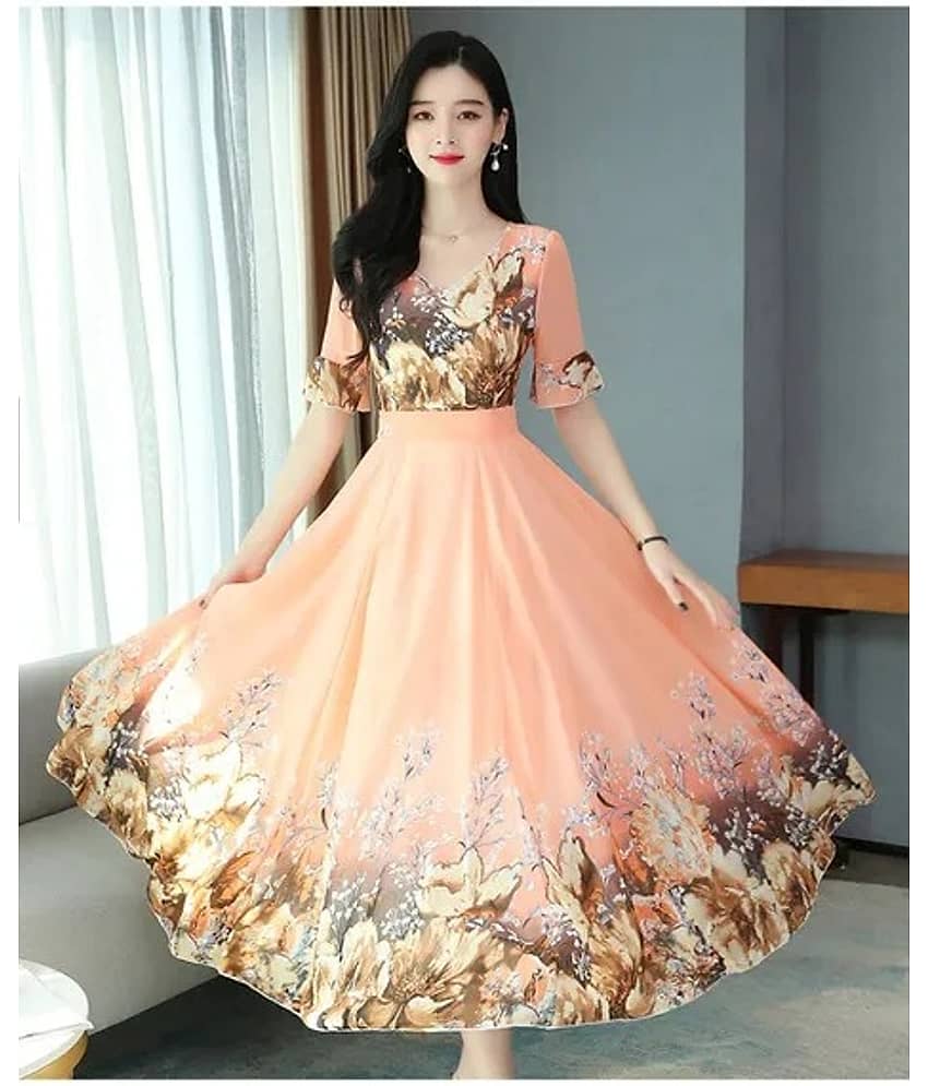 Raabta Fashion Women Georgette Printed Fit & Flare Dress ( Peach )