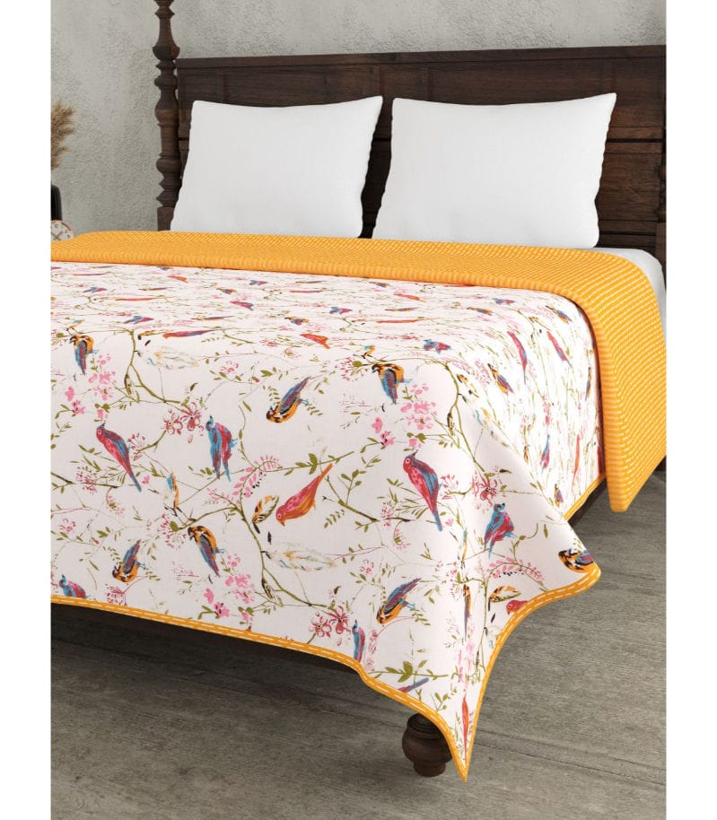 Parakeets Double Bed Dohar Blanket Blue-Green / Yellow Edition