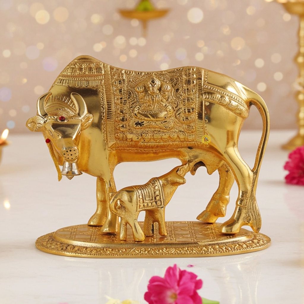 Aluminium Cow Statue � Modern Religious Showpiece, Height : 6.5 Inch (ASMAS218 G)
