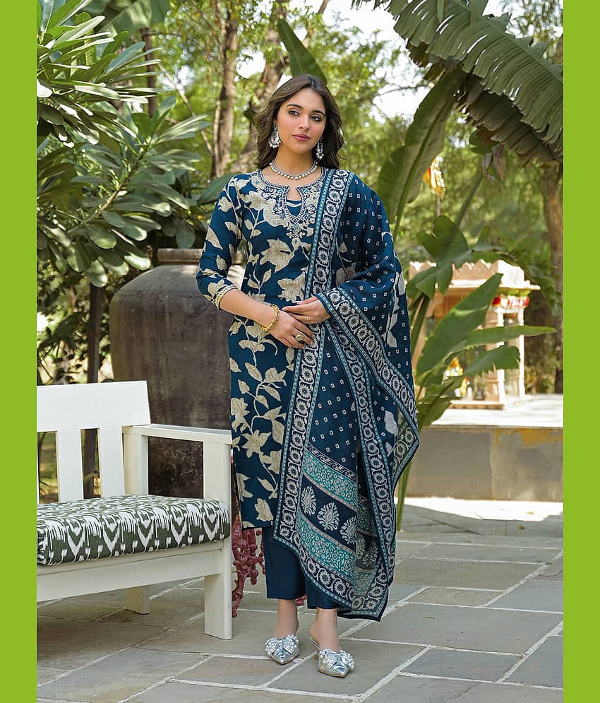 Vaamsi Women Viscose Self Design Straight Kurti With Pants ( Navy Blue )