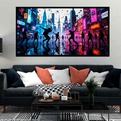 Luminary Neon Beat – City Dance Rhythm Museum-Quality Cotton Canvas Art for Modern Living Room Décor | Frame Size (127 X 69 Cm) | Frame Type (Black) | 5-Year Warranty