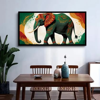 Luminary Majestic Mosaic – Traditional Elephant Museum-Quality Cotton Canvas Art for Dining Room Décor | Frame Size (127 X 69 Cm) | Frame Type (Black) | 5-Year Warranty