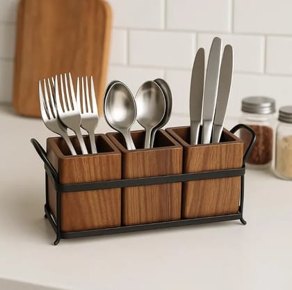 Wooden Cutlery Holder for spoon, knife, spatulas, many more of kitchen products and room products Black powder coater iron metal and orignal sheesham wood with 3 box style