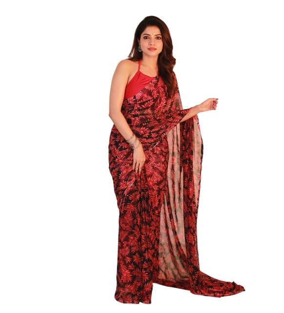 Generic Women's Georgette Printed Saree with Unstitched Blouse Piece, Soft Lightweight 5.5 m Sari for Daily, Office and Wear (Black-Red, Design 67566)