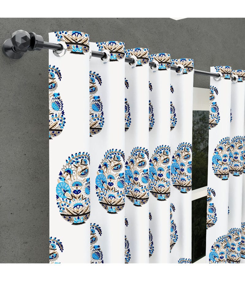 Floral Blue Kairi Print Curtains  Traditional Indian Pinar Block Design ( 5 Feet )