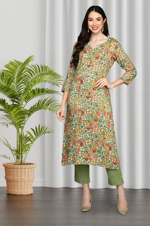 Green Viscose Rayon Floral A-Line Kurta VCK9405