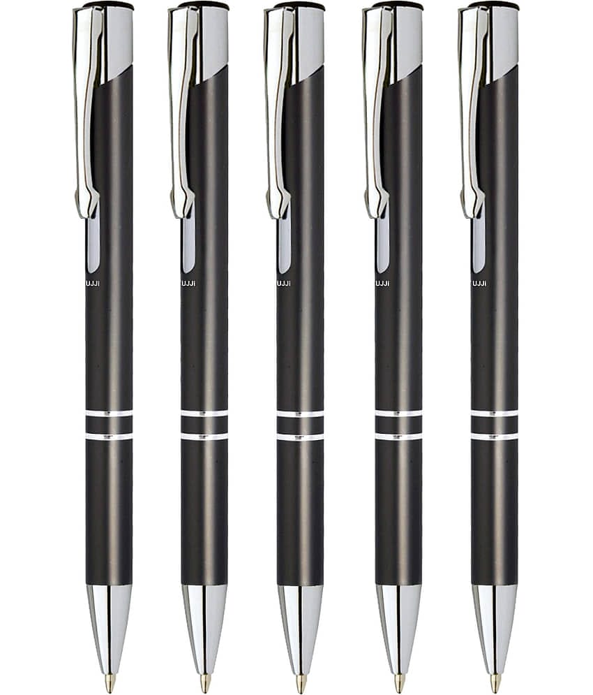 UJJi Gloss Grey Color Retractable Pack of 5pcs (Blue Ink) Ball Pen
