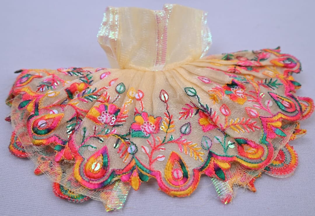 Beige Multicolor Embroidered Organza Laddu Gopal Dress Set