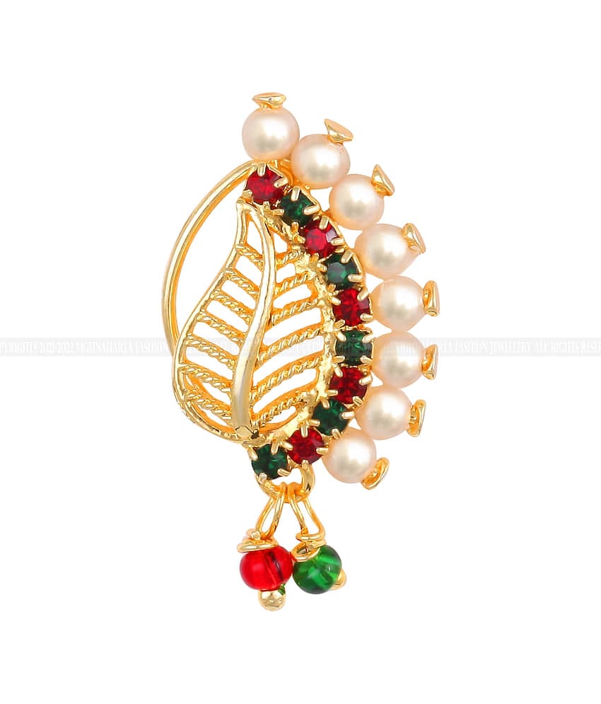 Vivastri Gold Plated Red Stone with Peals Alloy Maharashtrian Nath Nathiya./ Nose Pin for Women &Girls VIVA1016NTH-Press