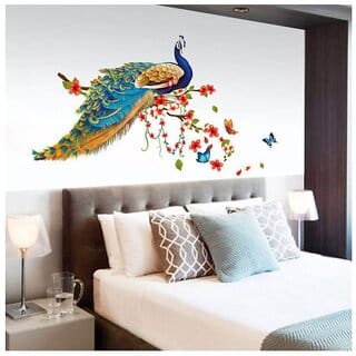 Homeberry Peacock Bird Sitting on Floral Branch Wall Sticker