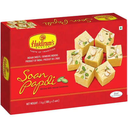 Haldiram's Soan Papdi (Elaichi Flavour) Packed Sweets - 1 Kg - Pack of 16