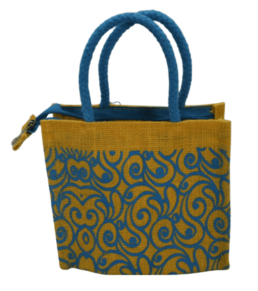 Stylish Jute Tote Bag with Blue Pattern - Eco-Friendly & Durable