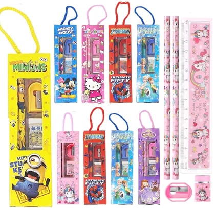 Kids Stationery Set Return Gift Combo 12 Pieces With Pencil Scale Eraser And Sharpener For Boys And Girls Assorted Cartoon Design