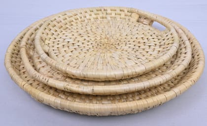 Handwoven Wheatgrass Round Tray Set with Handles (Set of 3) Handwoven Wheatgrass Round Tray Set with Handles (Set of 3)
