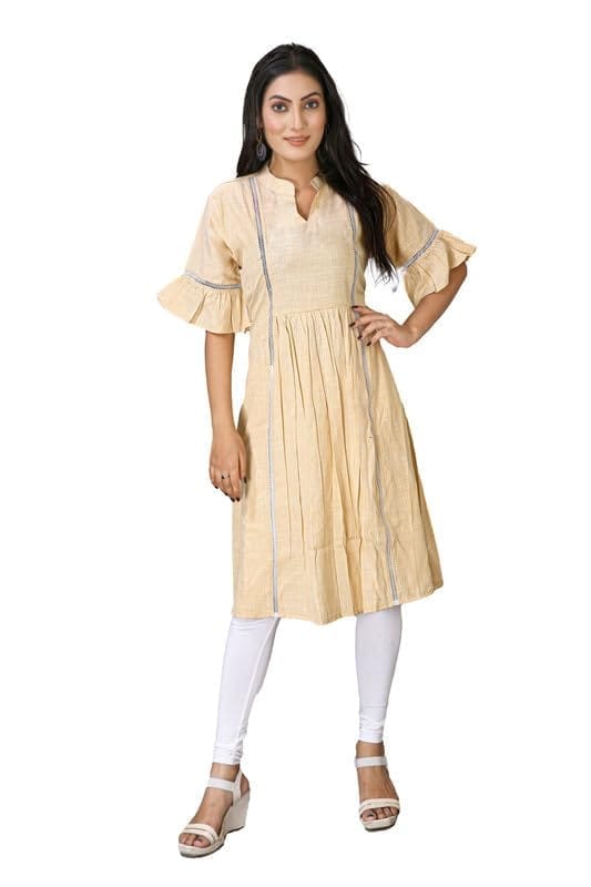 Women's Casual Short Sleeve Silk Blend Printed Kurti (Beige, S)-PID46427