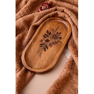 Wooden Jewelry Tray, Oval Shape, L x B x H = 10 x 5 x 0.5 Inch Floral Design, Natural Wood Finish, Organizer for Rings, Necklaces, Earrings And Snacks Serving (Flower Carving Tray 1)