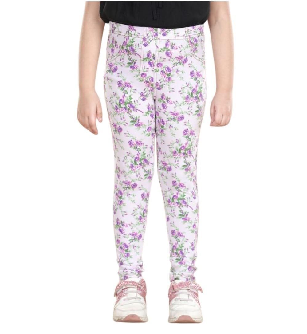 Girl's Cotton Blended Floral Elasticated Jeggings (Lavender, 4-5-Yrs)-PID66065
