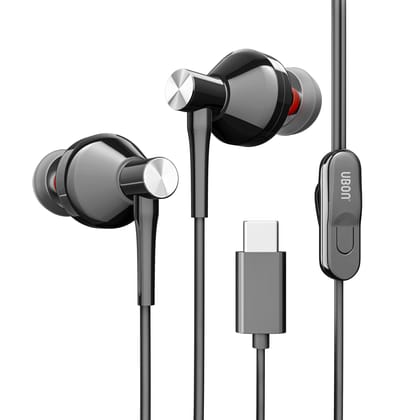 UBON TC-186 Wired in Ear Earphones with in-line Mic for Clear Calling, 10mm Dynamic Drivers for Boosted Bass, Type-C Jack, Multi-Functional Controller (Black)