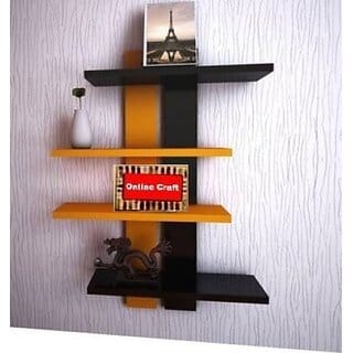 Onlinecraft Wooden Wall Shelf (Number Of Shelves - 4, Black, Orange)