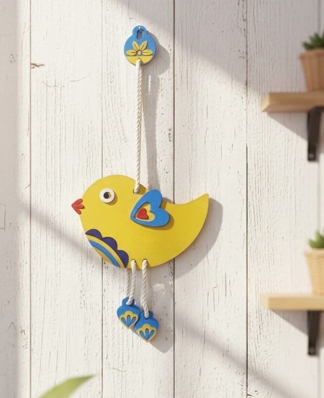 Yellow Bird Wall Hanging Decor with Blue Accents Madde of MDF