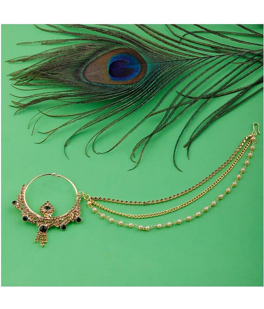 Silver Shine Traditional Gold Plated Bottle Green Stone Diamond Studded Designer Wedding Nose Ring  for Girls And Women Jewellery