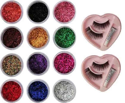 Elecsera Dusty Glitter Eye-shadow for Girls / Women with 2 False Eyelash (14 Items in the set)