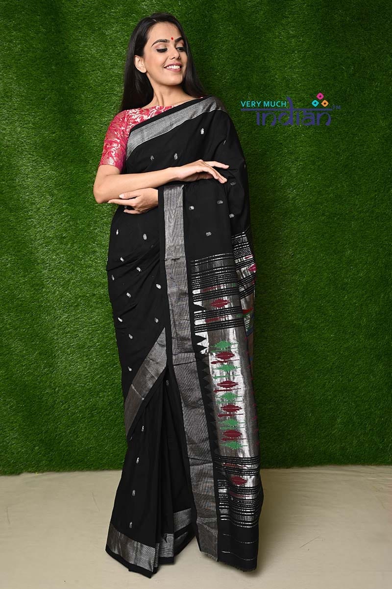 Cotton Paithani - Handloom Black Paithani with Silver Zari Traditional Double Pallu, 120 count High Quality Cotton