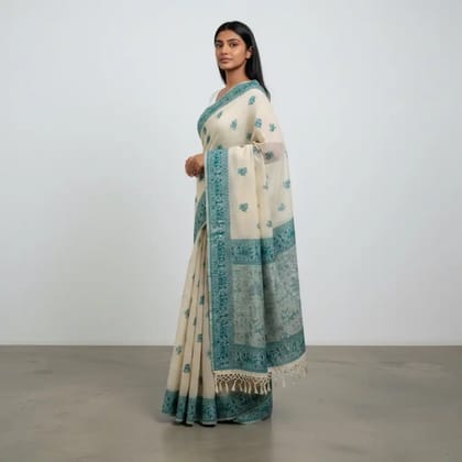 Sambalpuri Baandha Ikat Cotton Saree in Beige and Teal, with Blouse Sambalpuri Baandha Ikat Cotton Saree in Beige and Teal, with Blouse