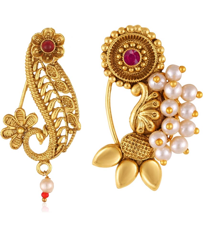 Vivastri's Premium Gucchedar Maharashtrian/Peackock Styled Nosepin Combo Set Of 2 For Ladies-VIVA1095-1172NTH-Press-Red