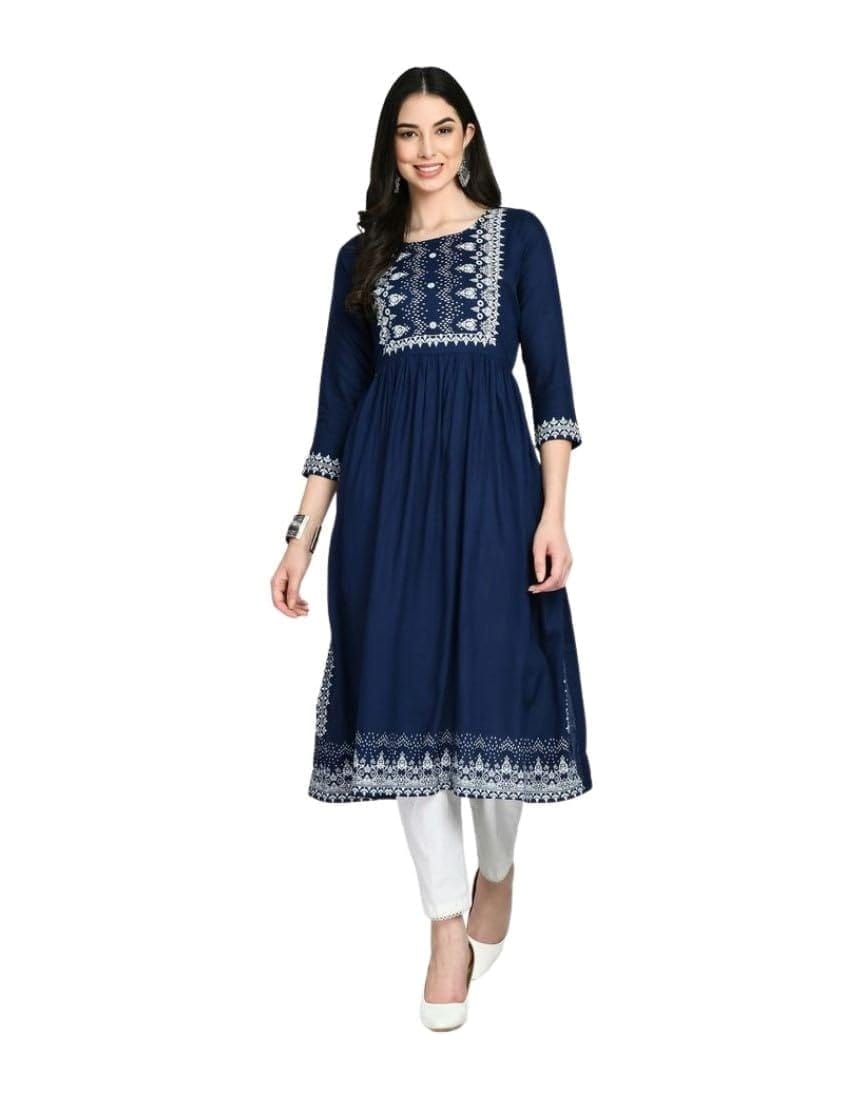 Women's Casual Rayon 3-4th Sleeves Kurti (Blue, M)-PID63380