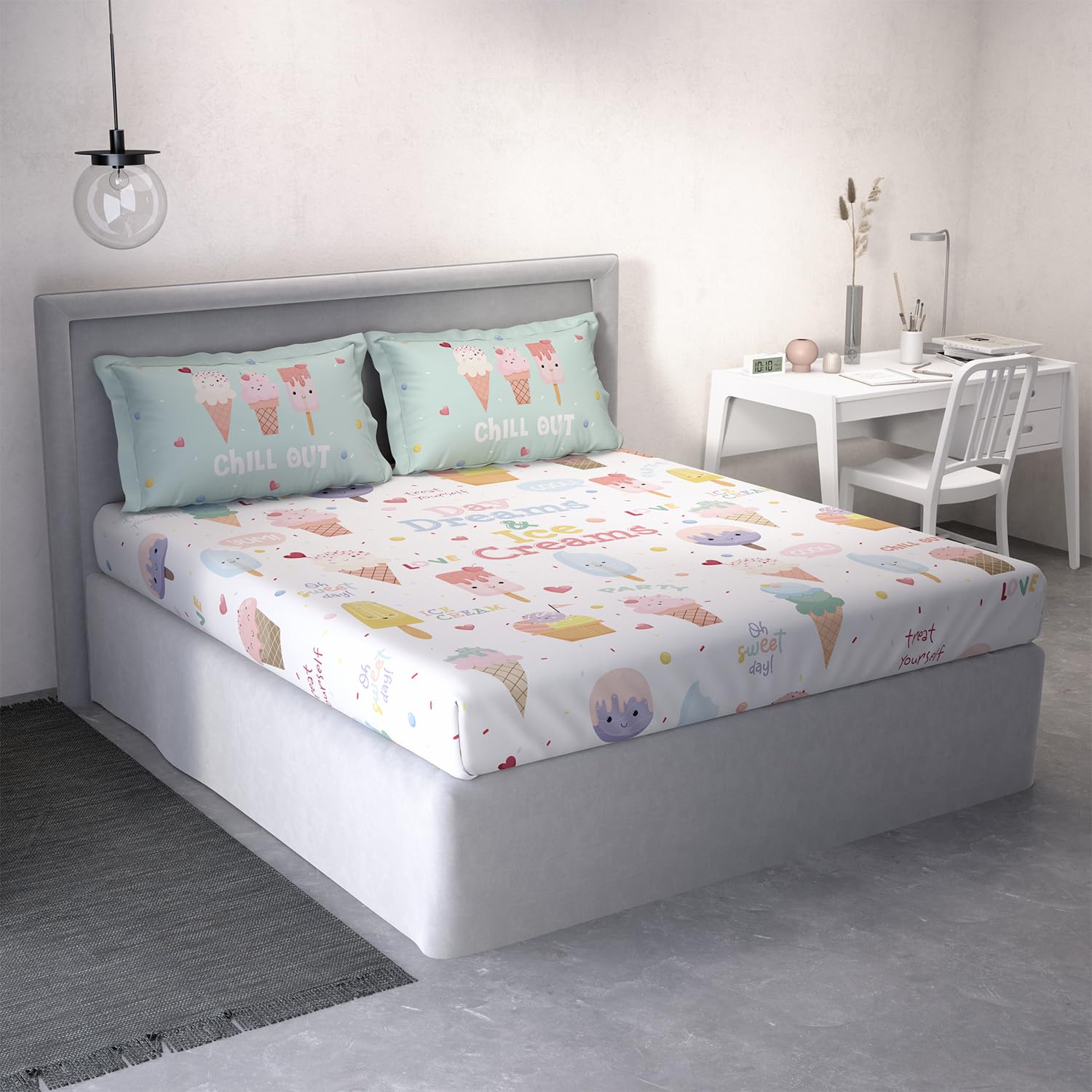 DDECOR - Little Brats Collection 100% Cotton Kids Pattern 145TC King Bedsheet |254 CM X 274 CM| with 2 Pillow Covers - Pink
