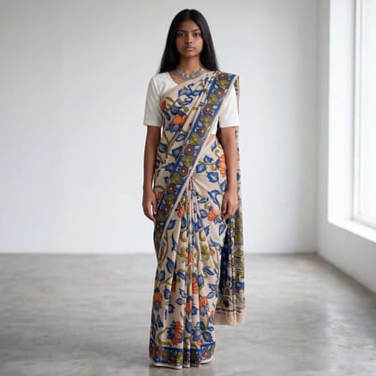 Pedana Kalamkari Screen-Print Cotton Mulmul Saree in Beige and Indigo Pedana Kalamkari Screen-Print Cotton Mulmul Saree in Beige and Indigo