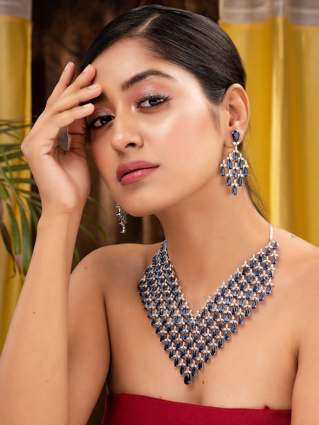 Silver Plated Blue Sapphire AD Studded Statement Necklace Jewellery set