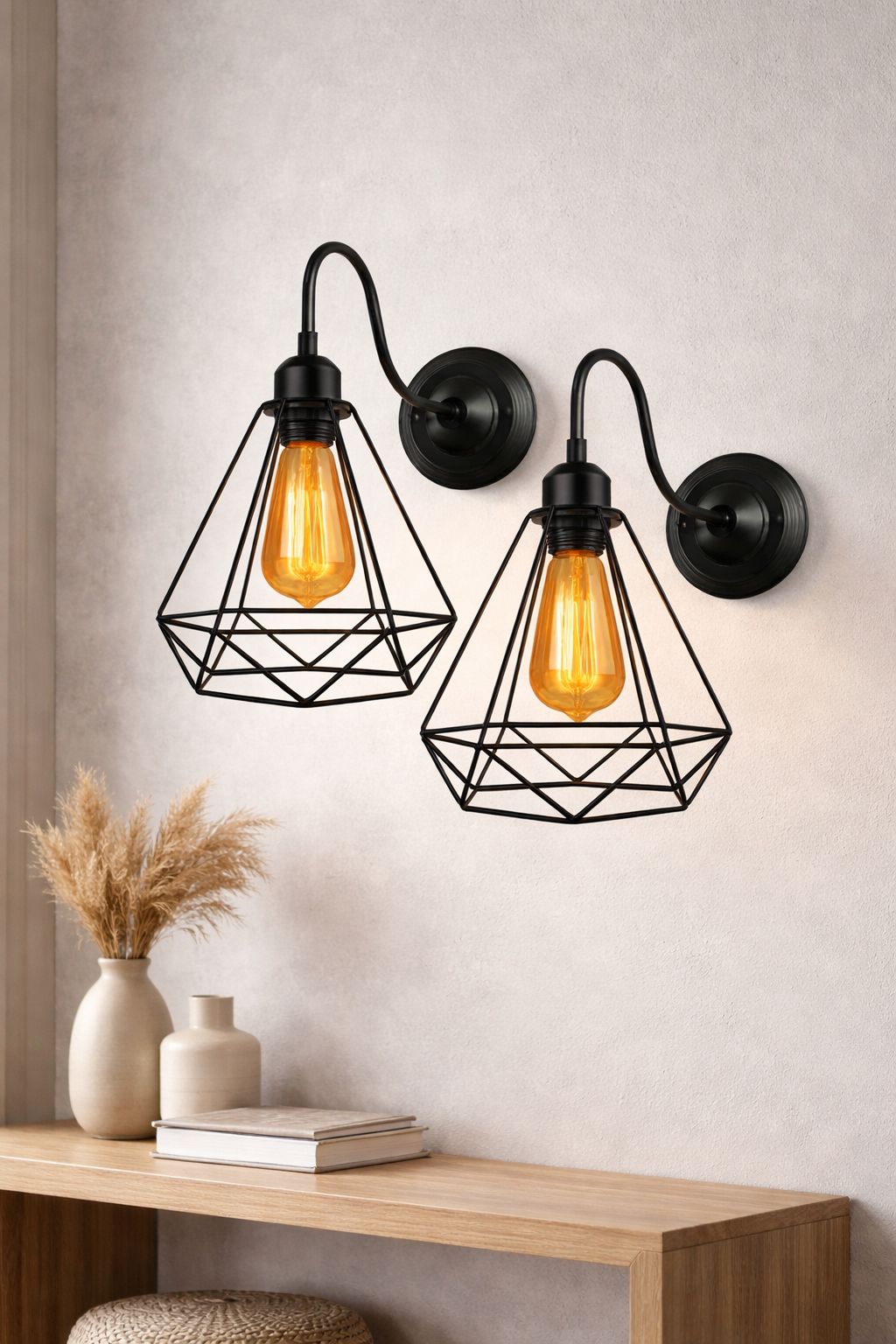 SPARKWORLD Antique Wall Decorative Diamond Cage Pendant Hanging Light for Indoor, Outdoor - ST64 Filament Bulb Included (Black, Metal) - Pack of 2