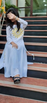 Pastel Blue & Yellow Sunburst Print Anarkali Kurti – Size M Pastel Blue & Yellow Sunburst Print Anarkali Kurti – Size M