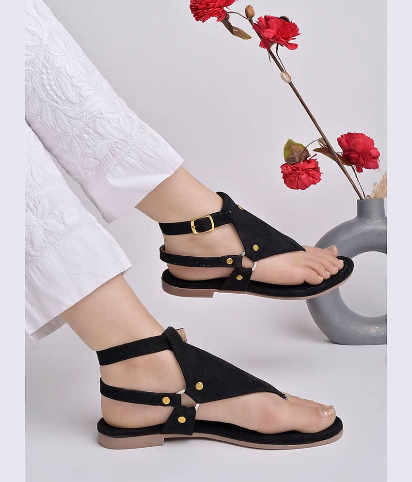 Shoetopia Stylish Ankle Strap Black Flat Sandals For Girls