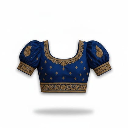 Royal Blue Embroidered Blouse with Puff Sleeves