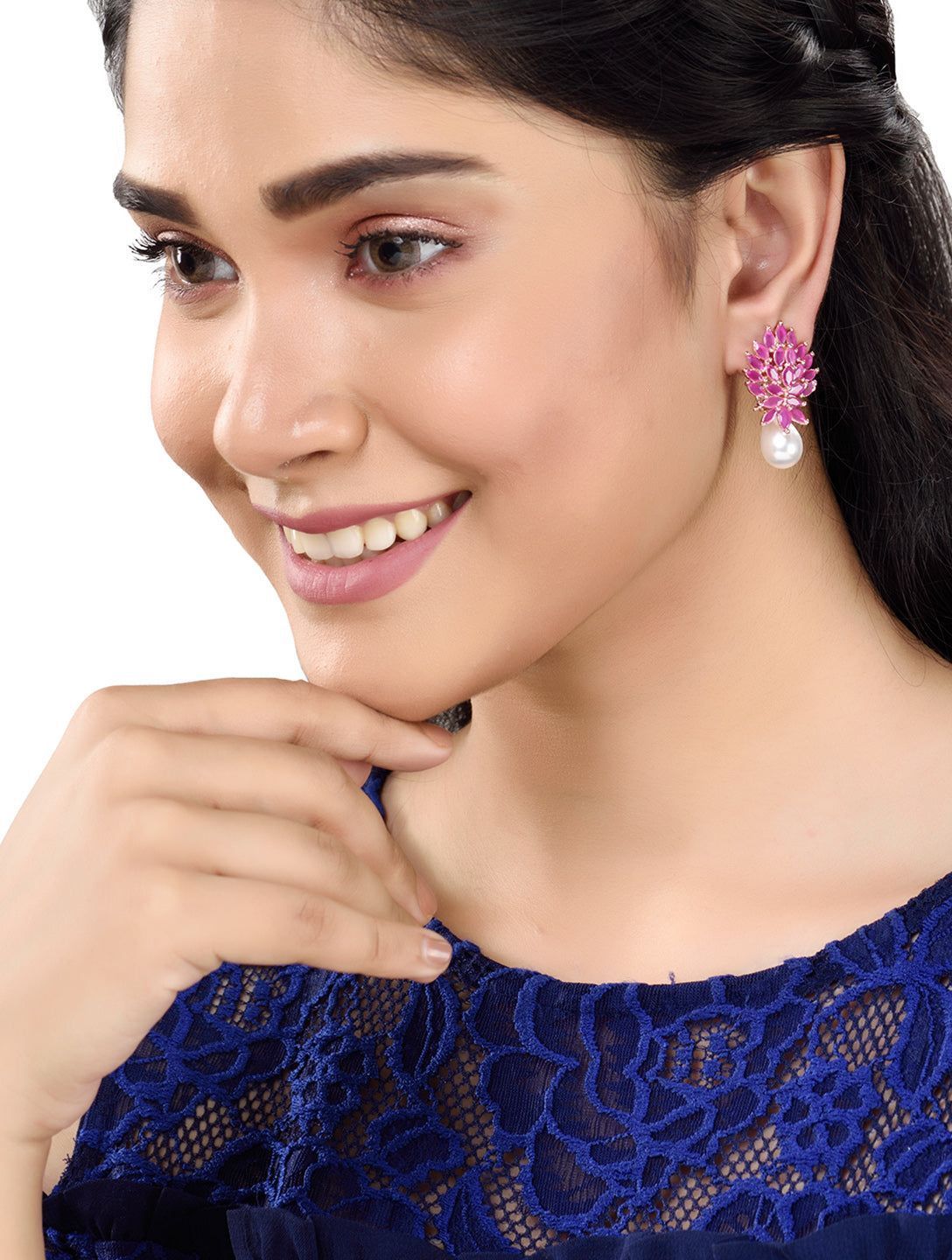 Rose Gold Plated Luxurious Pink AD studded Pearl Drop Earring