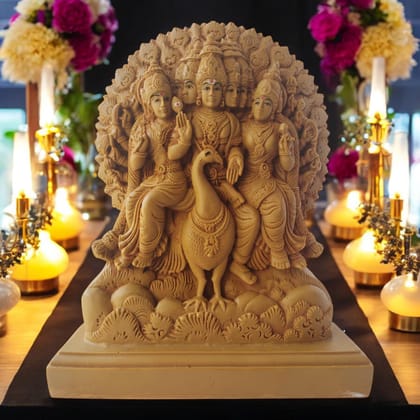 AMS Lord Murugan Idol with Six Faces Sitting on Peacock Brown Resin Hindu God Statue with Wives Valli & Deivanai Kartikeya Figurine for Home Temple, Pooja Room & Spiritual Decor 24 cm AMS Lord Murugan Idol with Six Faces Sitting on Peacock Brown Resin Hindu God Statue with Wives Valli & Deivanai Kartikeya Figurine for Home Temple, Pooja Room & Spiritual Decor 24 cm