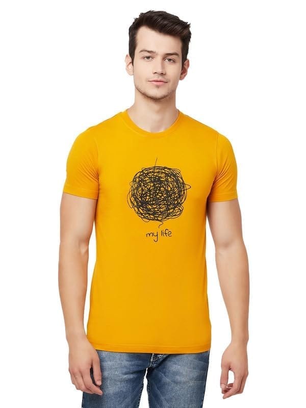 Men's Casual Printed Cotton Blend Round Neck T-Shirt (Yellow, L)-PID47809