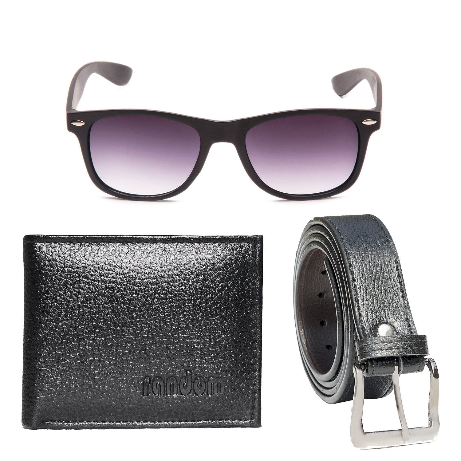 Random Mens Artificial Leather Belt, Black Wallet and Black Sunglass Combo for Mens Stylish