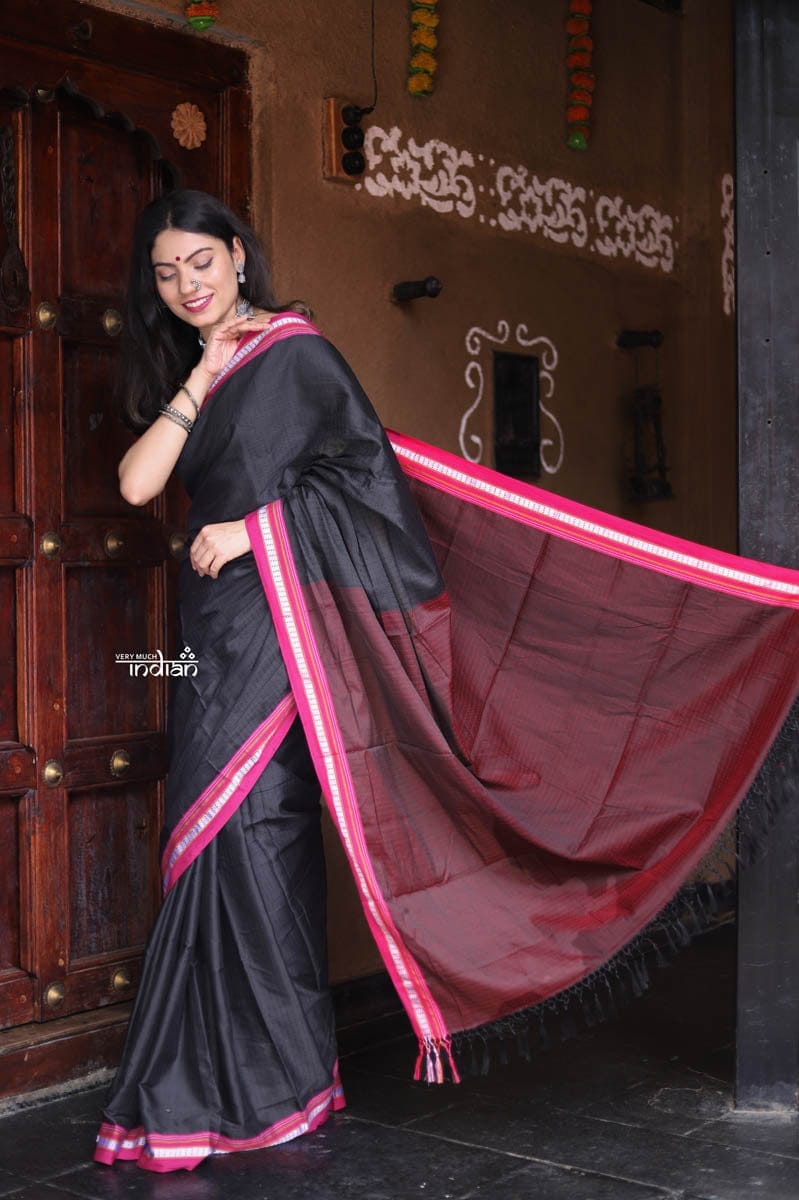 Traditional Khun Saree ~ Cotton Resham Authentic Handwoven, Black with Pink Border