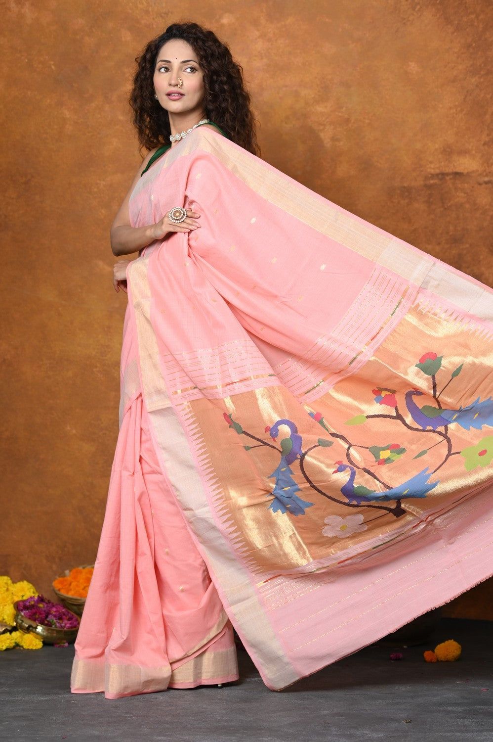 EXCLUSIVE! Handloom Pure Cotton Paithani With Peacock Pallu~ Fresh Peach