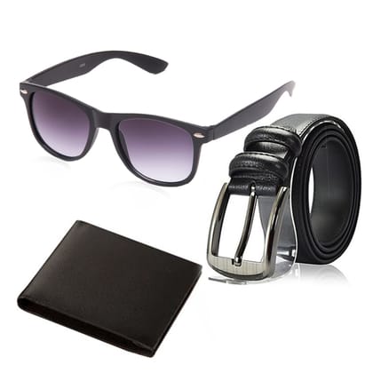 Random Artificial Leather Black Bifold Wallet, Black Belt and Sunglass Combo for Men