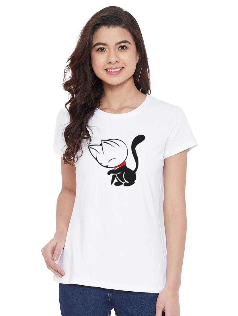 Women's Cotton Blend Cat Printed T-Shirt L (White)